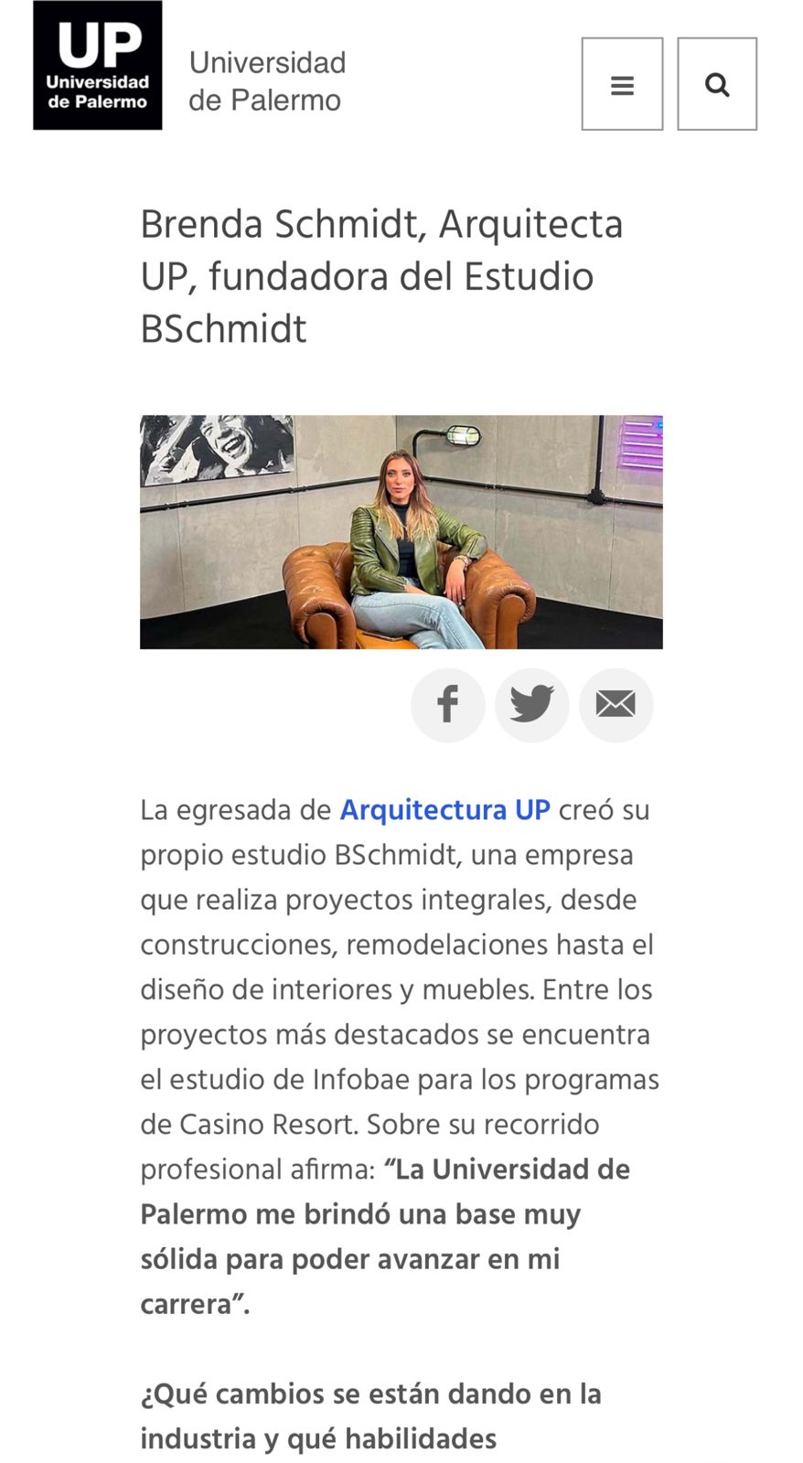Nota de la Universidad de Palermo sobre Brenda Schmidt